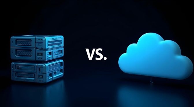 Traditional vs. Cloud hosting: stacked server icons on left, cloud icons on right