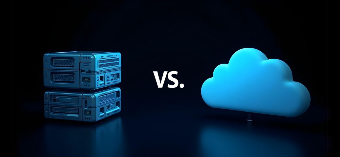 Traditional vs. Cloud hosting: stacked server icons on left, cloud icons on right