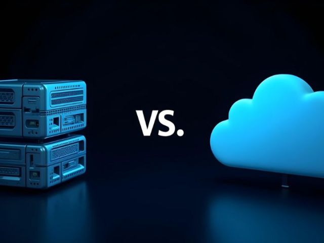 Traditional vs. Cloud hosting: stacked server icons on left, cloud icons on right